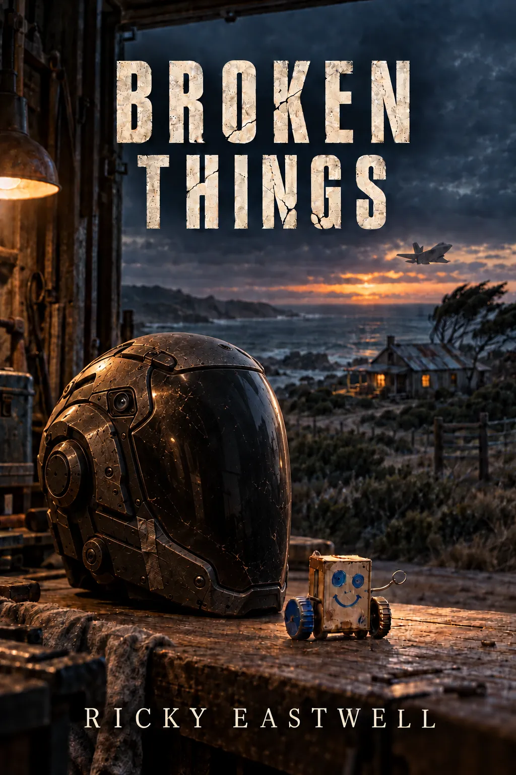 Cover of Broken Things: a battered pilot helmet and a small tin robot with a painted smile rest on a workbench, looking out through workshop doors at a coastal sunset.