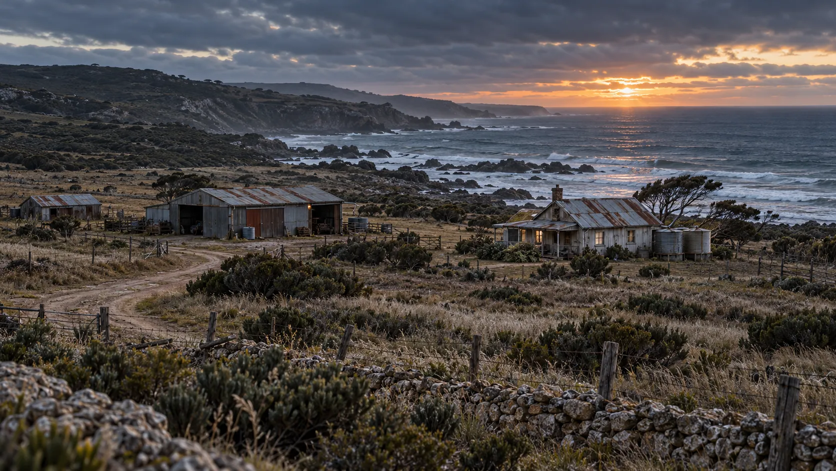 A rocky coastline at sunset: long grass and a stone wall in the foreground, a dirt track, farm sheds and a small cottage with water tanks above the sea.