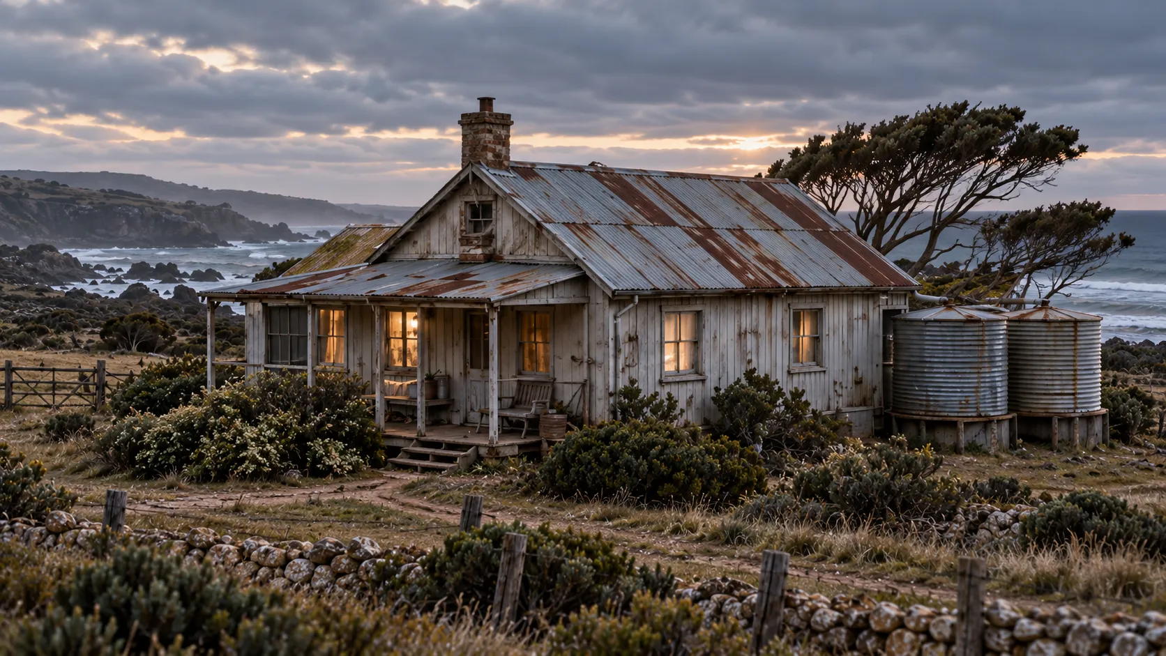 A weathered timber cottage with a rusted iron roof above a rocky shore at dusk, warm light in its windows and two corrugated water tanks alongside.
